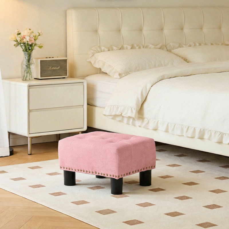 Upholstered Foot Stool Ottoman, Tufted Button Footstool Footrest With Padded Seat For Living Room Bedroom, Pink