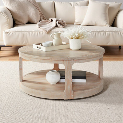 Grande table basse ronde en bois incurvée de 40 pouces à 2 niveaux avec roulettes, style rustique Mid-Century, finition chêne, parfaite pour le salon, le bureau ou un appartement
