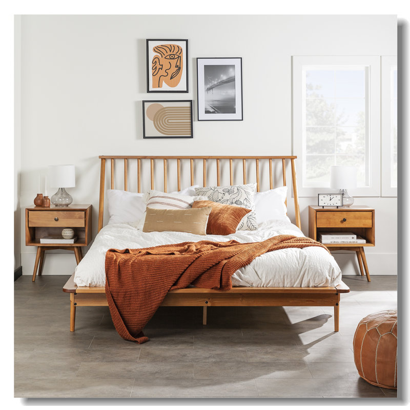 Mid-Century Modern Solid Wood Queen Platform Bed Frame With Spindle Headboard
