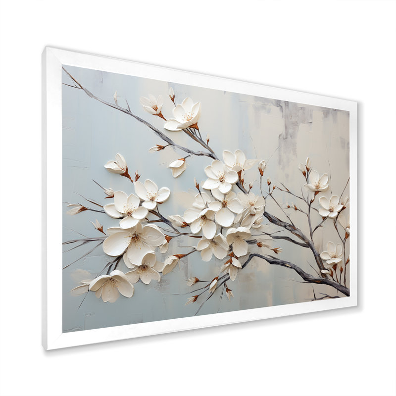 «White Dogwood Blossom Scenery III» - art mural cornouiller, H 30 po x l 40 po x P 1,5 po, Cadre de coin blanc fermé
