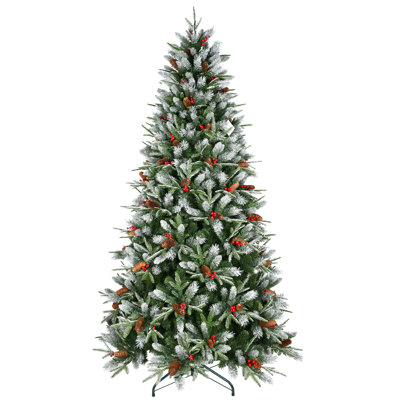 Christmas Tree with 1593 Tips, Red Berries & Pine Cones – Snow-Dusted PE+PVC Branches, Hinged Design for Easy Setup, Sturdy Metal Stand – Full, Natural Holiday Tree Decoration