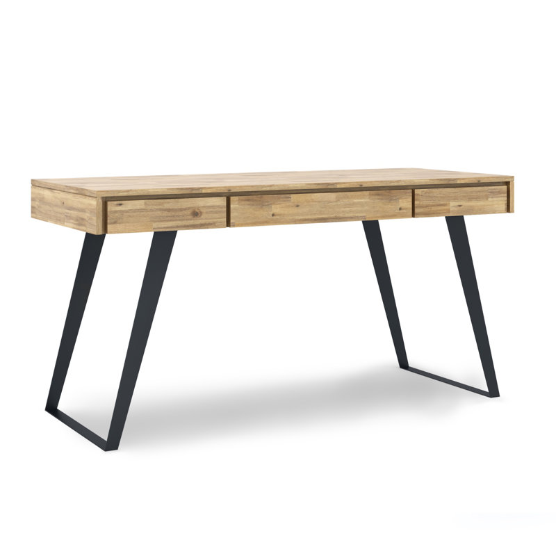 Bureau d'écriture moderne en bois d'acacia massif et en métal avec 2 tiroirs et plateau à clavier rabattable Lowry