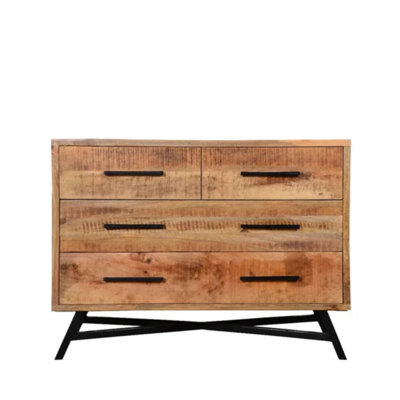 Commode à 4 tiroirs en bois de manguier avec pattes et poignées en métal noir
