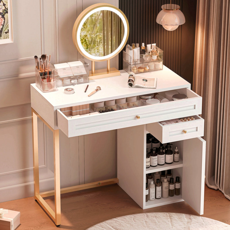 31.5'' Makeup Vanity Desk With Lighted Mirror, Luxury Dressing Table With 2 Drawers And 1 Cabinet, 3 Lighting Modes Available For Bedroom, White-Gold