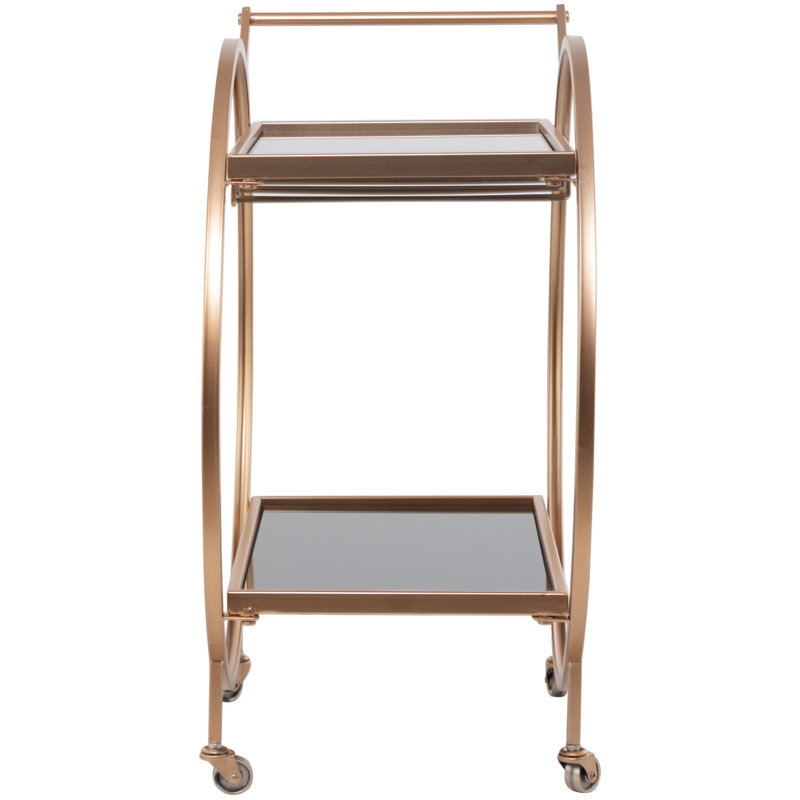 Chariot-bar en métal à 2 tablettes avec rangement en verre et poignée, Jaune