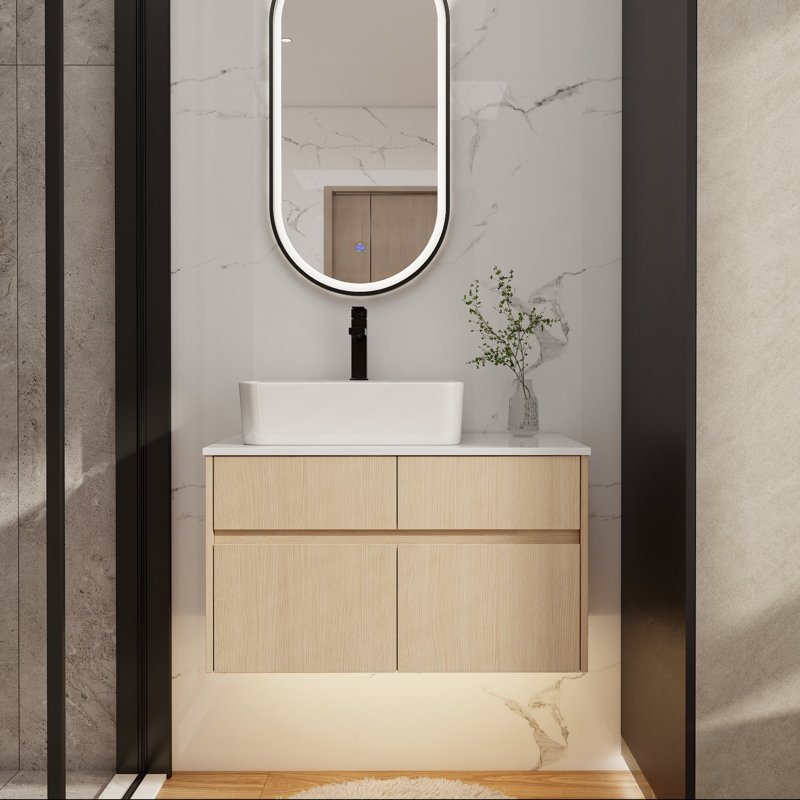 Meuble-lavabo flottant 32 po avec lavabo en céramique et armoire à fermeture en douceur 32 po, Chêne blanc