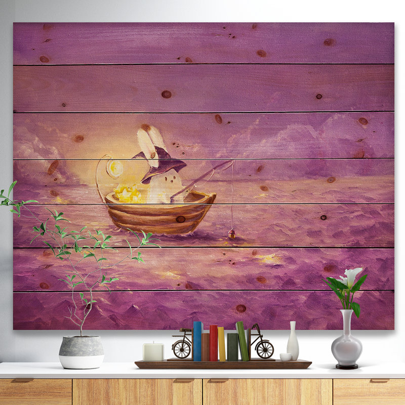 « lapin intercepte des étoiles », peinture, Bois, H 15 po x l 20 po x P 1 po