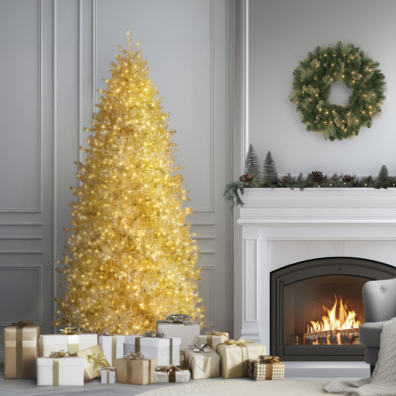Arbre de Noël platine métallique pré-éclairé, 9 pi