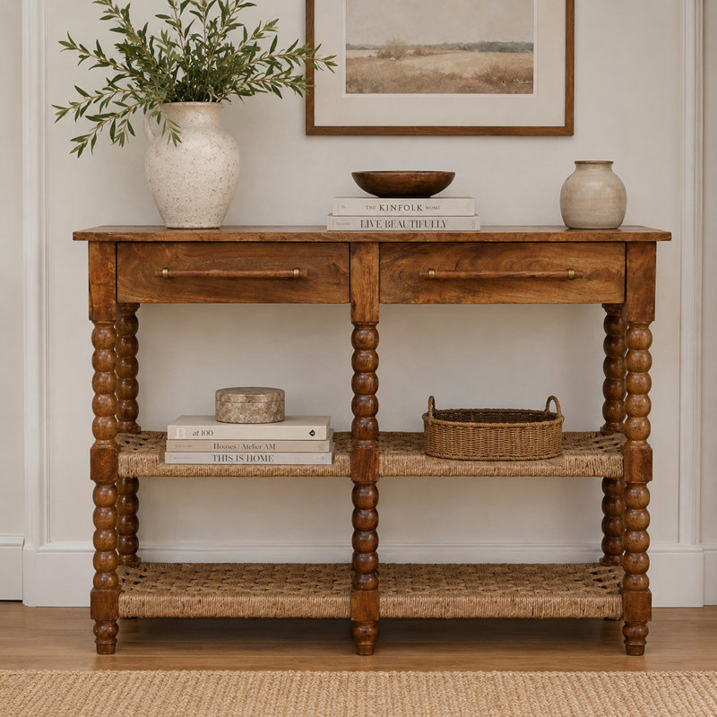 Solid Wood Spindle Woven Console , Brown
