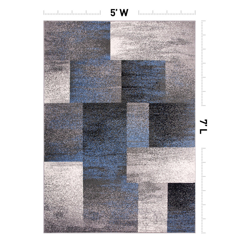Damarus Geometric Blue/Ivory/Gray Area Rug, Rectangle 5' x 7'