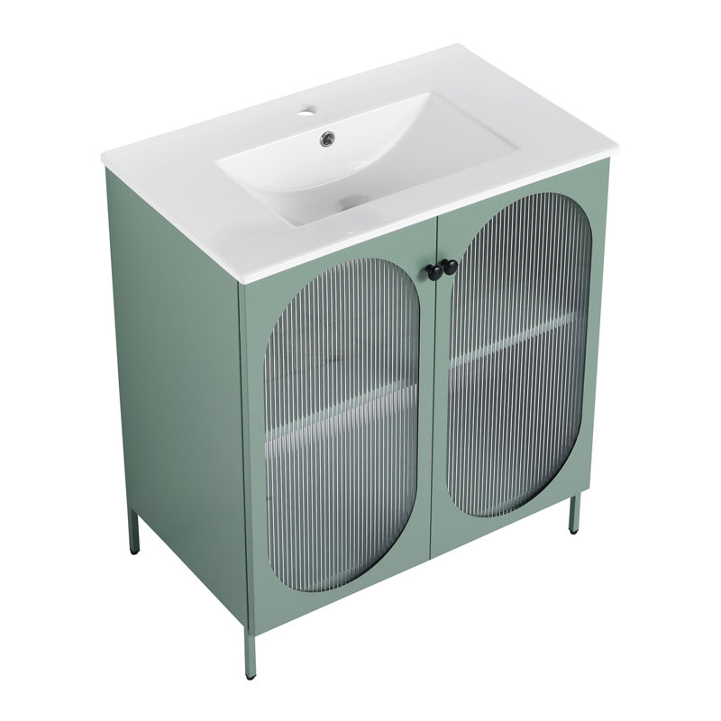Meuble-lavabo autoportant avec lavabo en céramique, Vert menthe