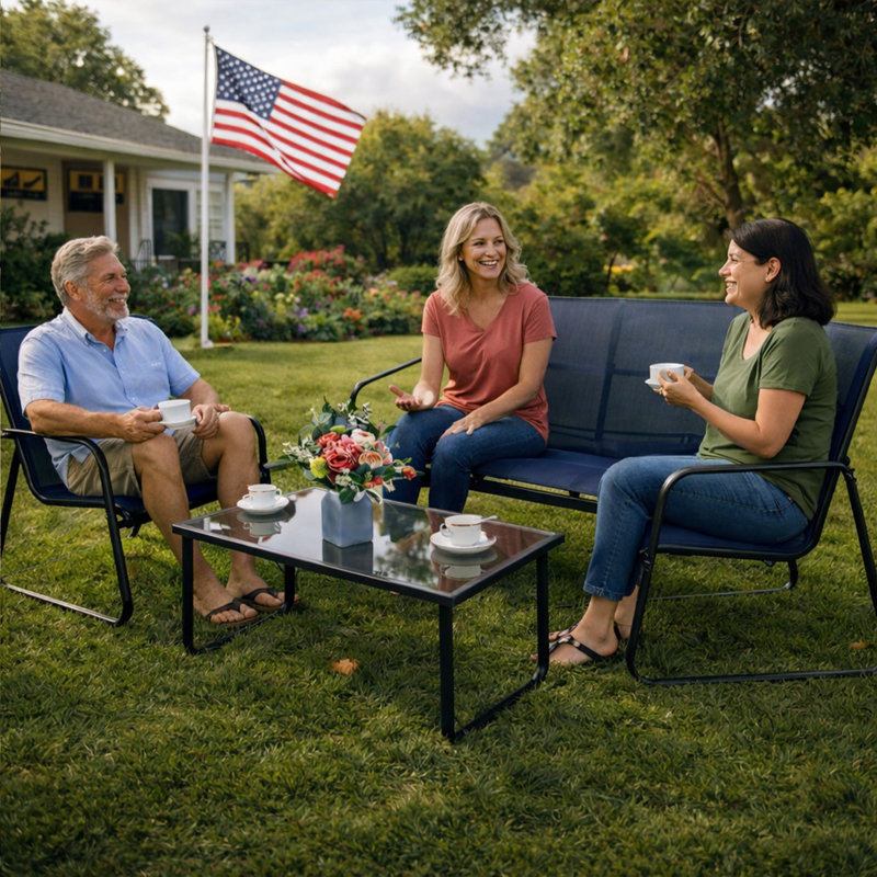 Kozyard Sofia 4-Piece Outdoor Patio Furniture Set, Textilene Conversation Set with Metal Frame, Loveseat, 2 Chairs & Table, All-Weather Seating for Porch, Balcony, Backyard (NavyBlue)