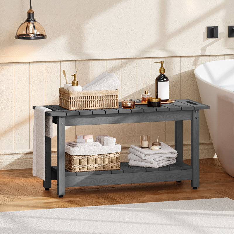 Banc de douche 35,5 po, tabouret de douche avec tablette HiPS, siège de douche capacité de 400 lb, multifonctionnel intérieur et extérieur pour salle de bain, entrée, jardin, gris