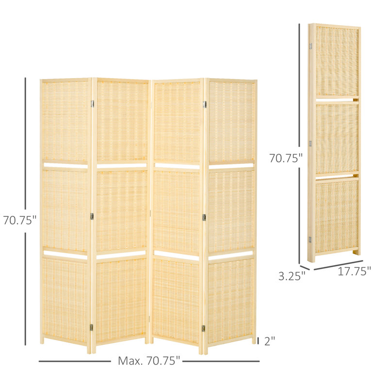 Room Divider With Storage, 6 Ft 4 Folding Privacy Screen For Bedroom & Office, Natural Screen, Storage And