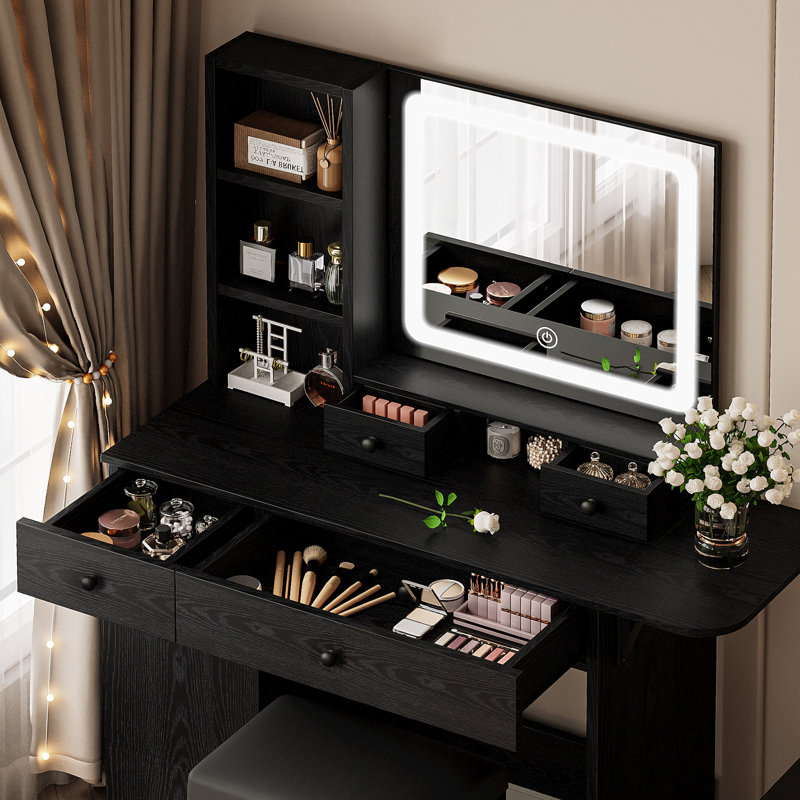 Jakaylen Vanity Makeup Desk with LED Light, Black