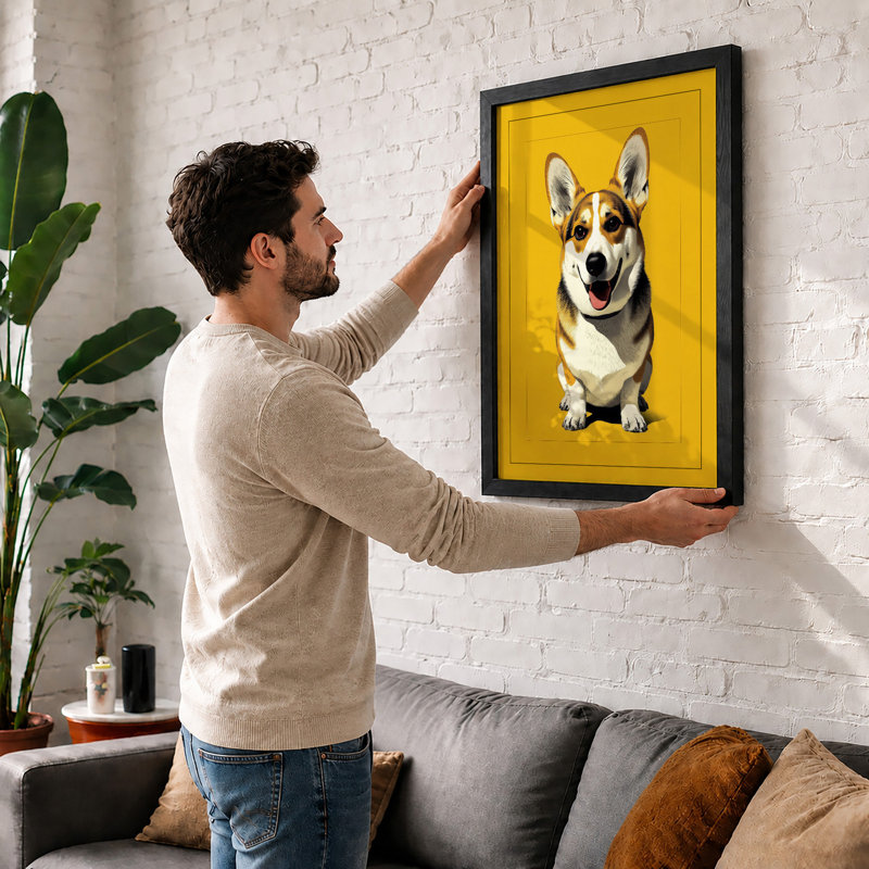 Friendly Corgi Portrait Modern - Framed Print, A1 - 84.1 x 59.4 cm, Black