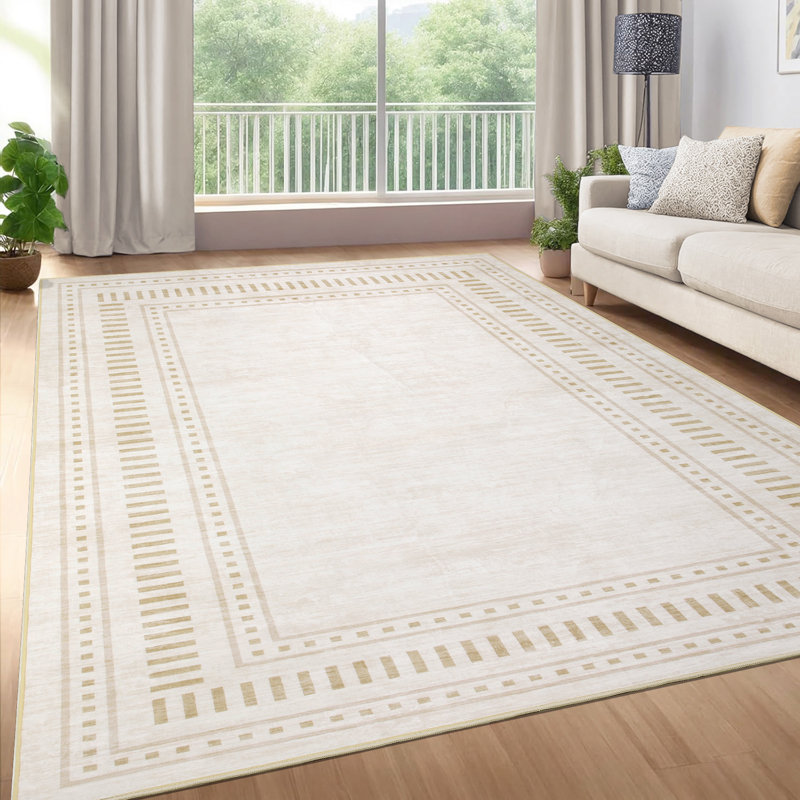 Tapis bordé lavable à la machine avec envers antidérapant Tapis antidérapant pour salon, Ivoire ivoire, Rectangle 4 pi x 6 pi