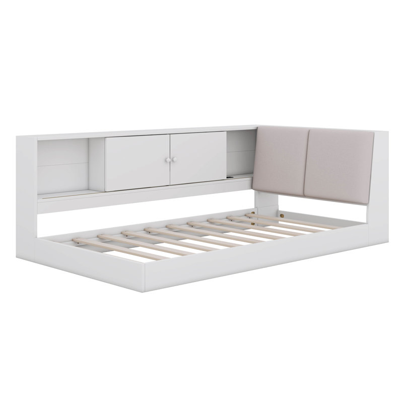 Twin Size Corner Bed With Drawers And Bookcase, White