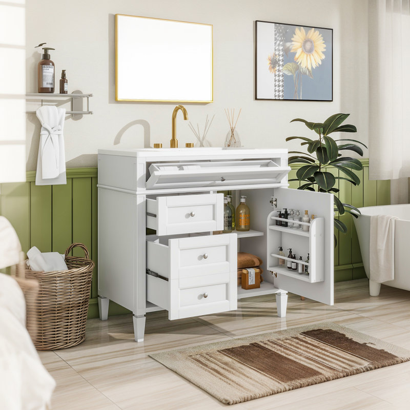 Dannylynn Bathroom Vanity with Top Sink, Bathroom Storage Cabinet with 2 Drawers and a Tip-out Drawer, White, 36", Silver