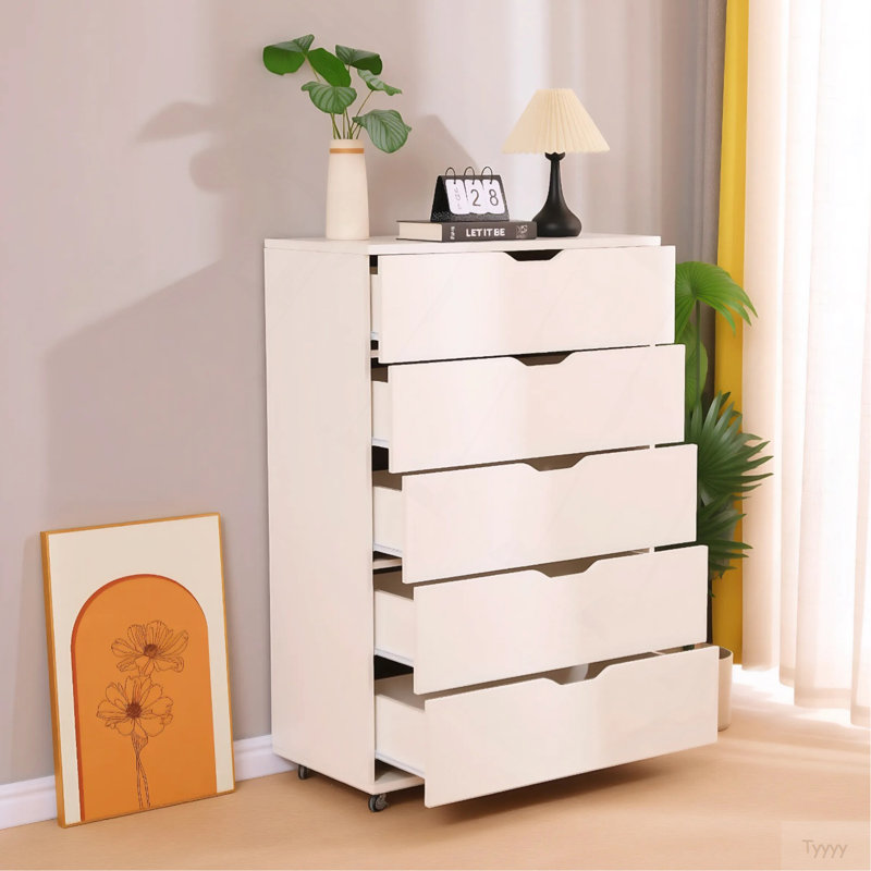 Commode de rangement blanche à 5 tiroirs avec roulettes - Armoire de rangement moderne