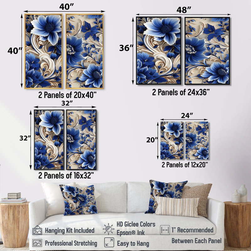 Motif floral victorien bleu et blanc cobalt - impressions sur toile bleues, 2 pièces, H 32 po x l 32 po, Ne s’applique pas