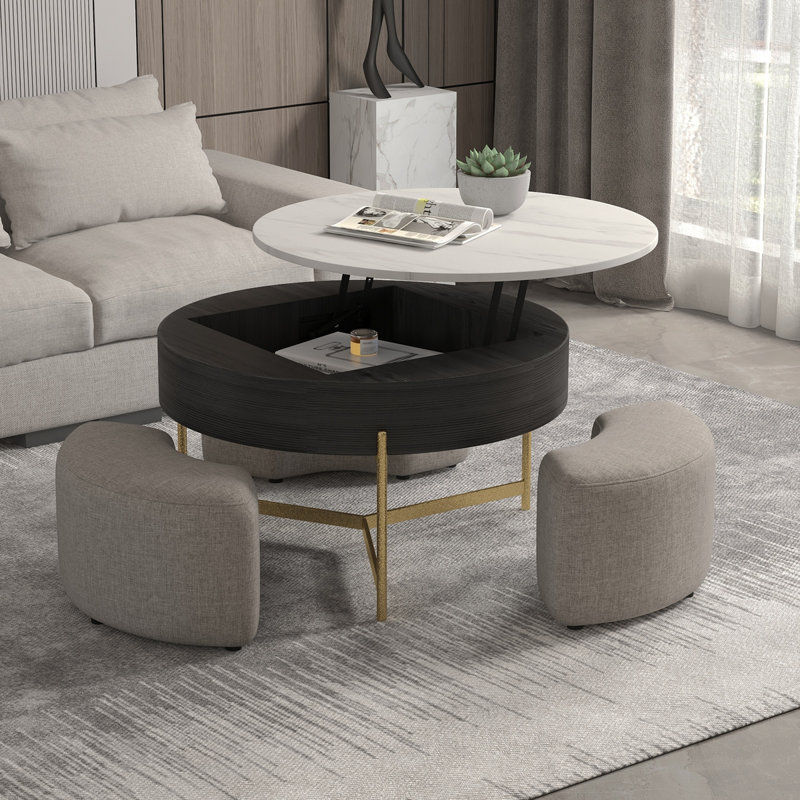 Round Lift-Top Coffee Table Set, White/Black
