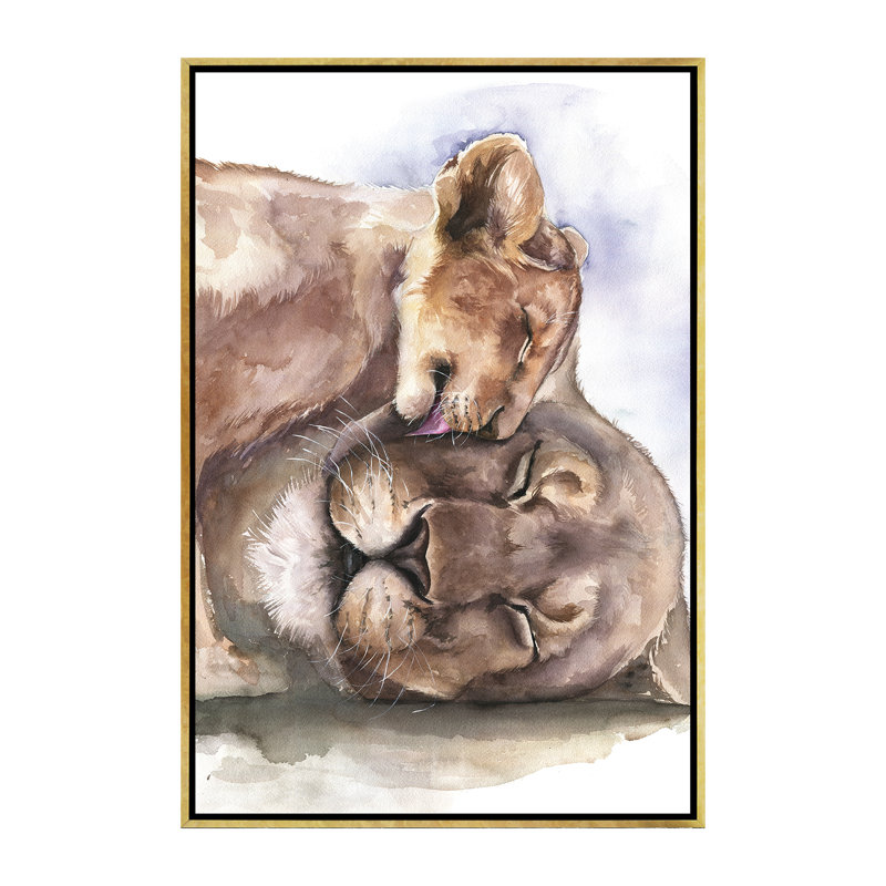 Happy Lions, art encadré, H 60 po x l 40po x P 1,5 po, Toile encadrée dorée