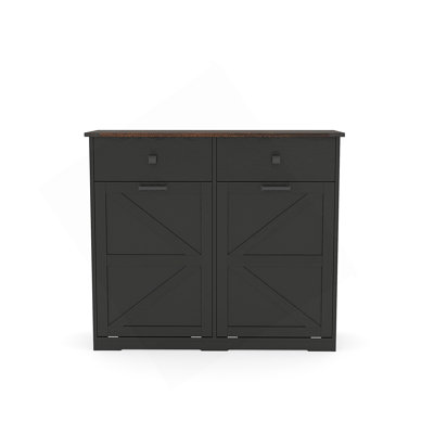 Farmhouse Black Double Tilt Out Trash Cabinet For 20 Gallon Trash Cans, Free Standing Recycling Cabinet With Hideaway Drawer, Barn Door Style Laundry Sorter Cabinet, Tilt Out Trash Cabinet For Kitchen