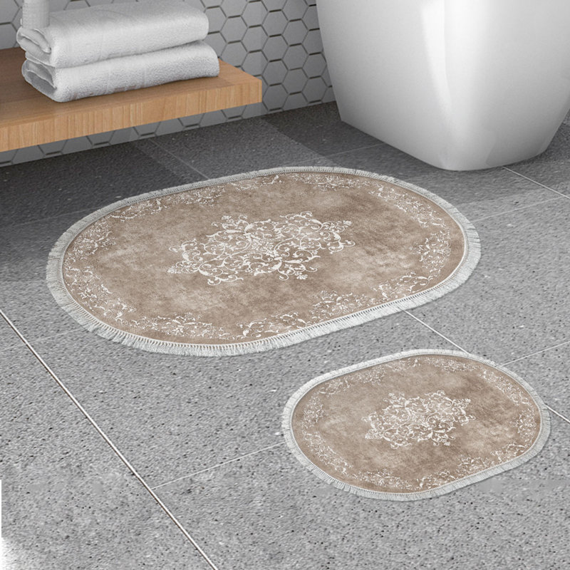 Luxurious Bathmat Set (2 Pieces), Beige & White, 19.7 x 23.6 inches & 23.6 x 39.4 inches | 100% Polyester, 25.0 oz/sq yd | Non-Slip Underside, Antibacterial, Easy to Clean | Perfect for Modern Bathrooms