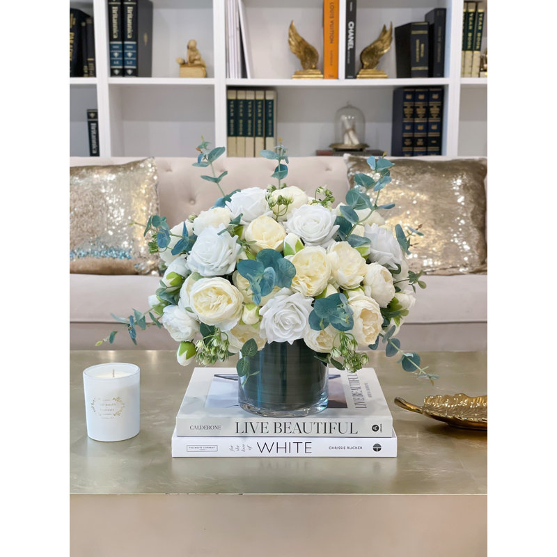 17 Inch Large White Real Touch Rose and Silk Peony Centerpiece with Eucalyptus in Clear Glass Vase, French Country Faux Floral Arrangement for Dining Table and Wedding Decor