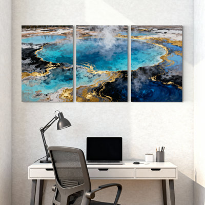 Scénario et paysages urbains, or bleu, art abstrait, réflexion sur l'eau, ensemble de 3 impressions sur toile