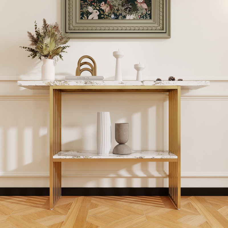 Console de comptoir moderne en bois imitation marbre avec tablette de rangement ouverte