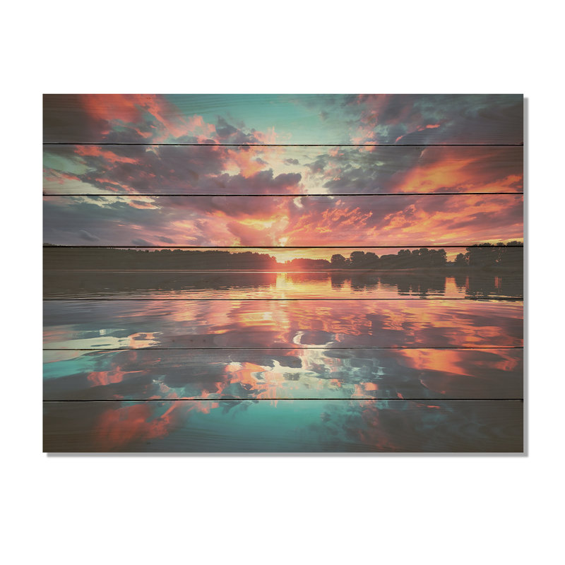 Horizon, coucher de soleil au bord du lac III - Lac sur bois, H 30 po x l 40 po x P 0,78 po