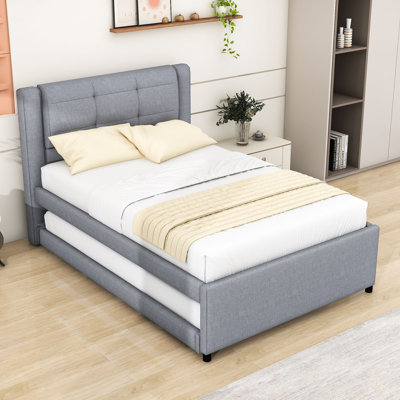 Lit plateforme double tapissier en bois avec lit gigogne et tête de lit