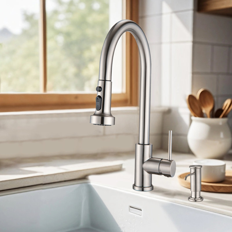 Robinet de cuisine à poignée simple avec distributeur de savon Topcraft, Acier inoxydable / nickel brossé