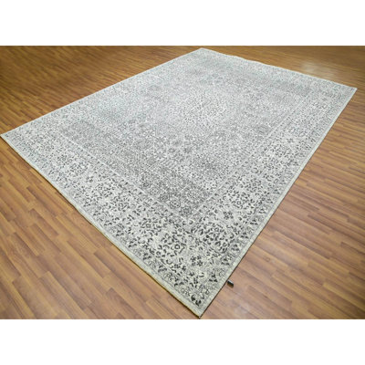 9'0" x 12'2" Diamond White Mamluk Dynasty Hand Knotted Undyed Wool Oriental Rug