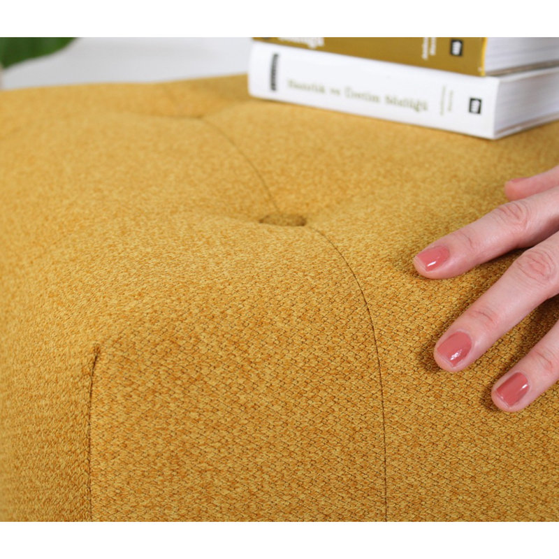 Bohemian Pouffe with Yellow Velvet & Cotton Fabric, 17.0 x 17.0 x 17.0 inches | Orthopedic 35 DNS Sponge Cushion, 6.0 in Height | Sturdy Wooden Legs | Perfect for Southwestern & Hotel Décor, Stylish & Functional