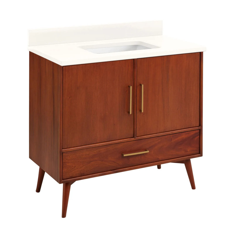 36" Novak Single Bathroom Vanity Set with Rectangular Undermount Sink, Natural Teak, Arctic White Quartz, No Faucet Hole