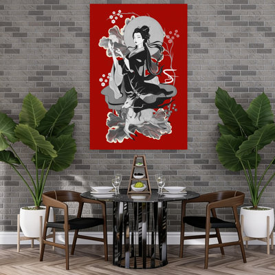 Japanese Deer Goddess Elegant Mystical Traditional Cherry Deer Peony Flower Landscape Wall Art Print 1 Piece Wrapped Canvas Wall Art