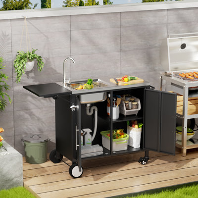50.6" 304 Stainless Steel Outdoor Grill Table With Sink, Foldable Top Rolling Kitchen Island Cart With Storage Cabinet, Lockable Wheels & Complete Drainage System For Garden Backyard Lawn