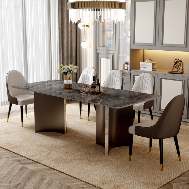 Table de salle à manger pour 6 à 8 personnes, avec plateau rectangulaire en pierre frittée et base en acier gris acier