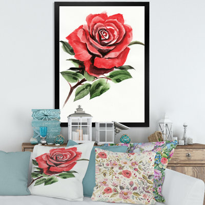 " Vintage Red Rose Flower III " Watercolor Painting