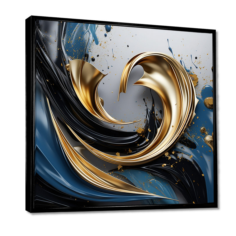 Evolving Gold Flow - encre liquide, impression d'art abstrait mural, Toile avec cadre flottant noir