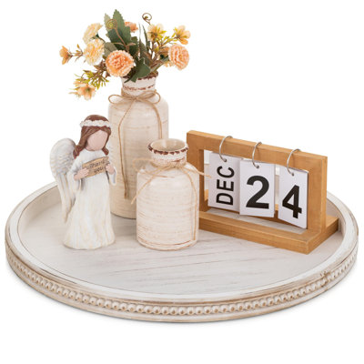 Large Round Decorative Tray: White Coffee Table Beaded Tray Rustic Wood Trays Decor Farmhouse Ottoman Circle Tray Vintage Centerpiece Wooden Serving Trays