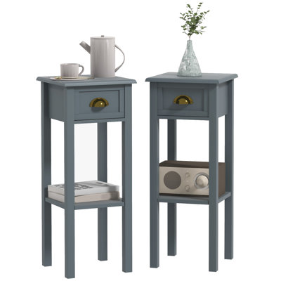 2-Tier Side Tables Set of 2 with Drawer Shelf for Living Room, Gray
