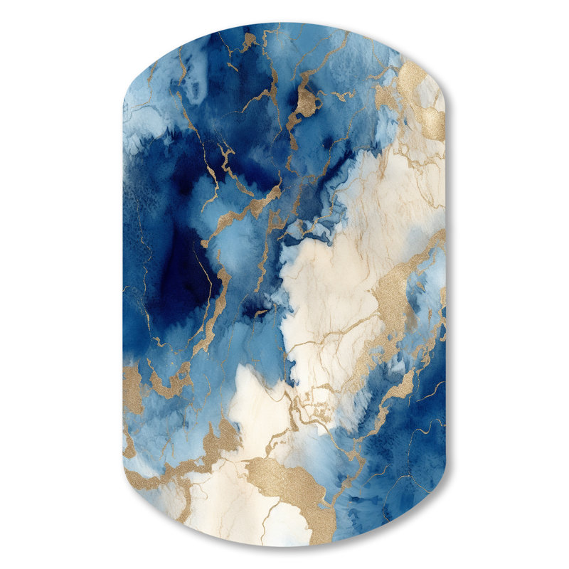 «Blue and Gold Marble Clouds X - Fractals Cylinder», art mural en métal, reproduction d'art asymétrique moderne