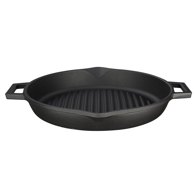 Black, Cast Iron Round Grill Pan with Pouring Spout, 10.25