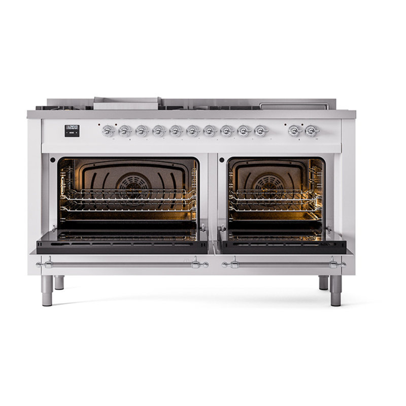 ILVE Nostalgie II Noblesse 60 in Dual Fuel Range 7 Burner, Griddle, Frenchtop, Liquid Propane, White/Chrome