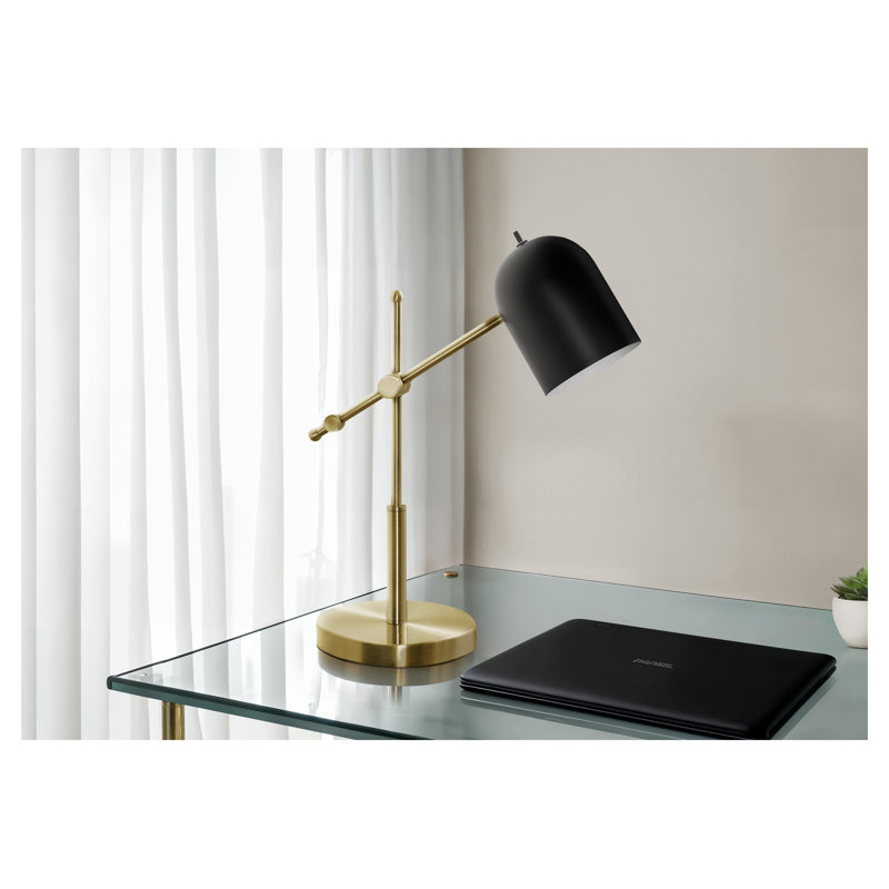 Brass Metal Fixed Arm Table Lamp with Black Shade, 18.5" H