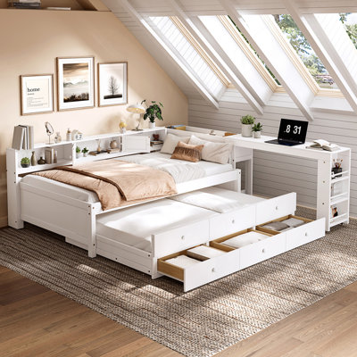 Lit de jour simple avec lit gigogne, structure de lit de jour avec tiroirs de rangement, tablettes latérales et bureau